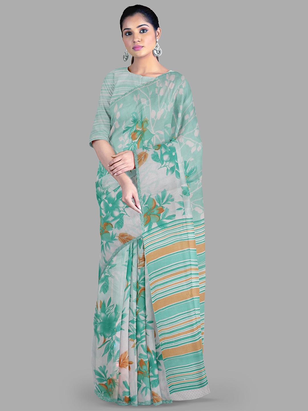 

The Chennai Silks Floral Pure Cotton Muga Saree, Green