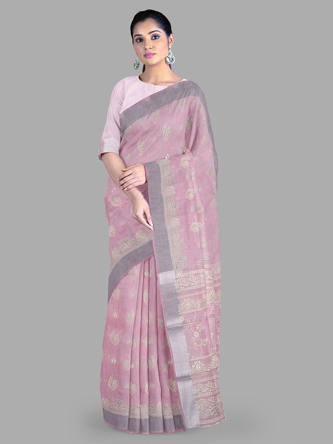 

The Chennai Silks Ethnic Motifs Zari Gadwal Saree, Pink