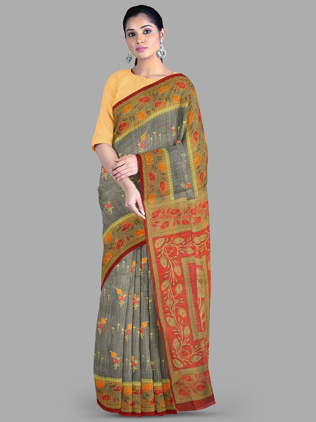 

The Chennai Silks Floral Pure Cotton Muga Saree, Grey
