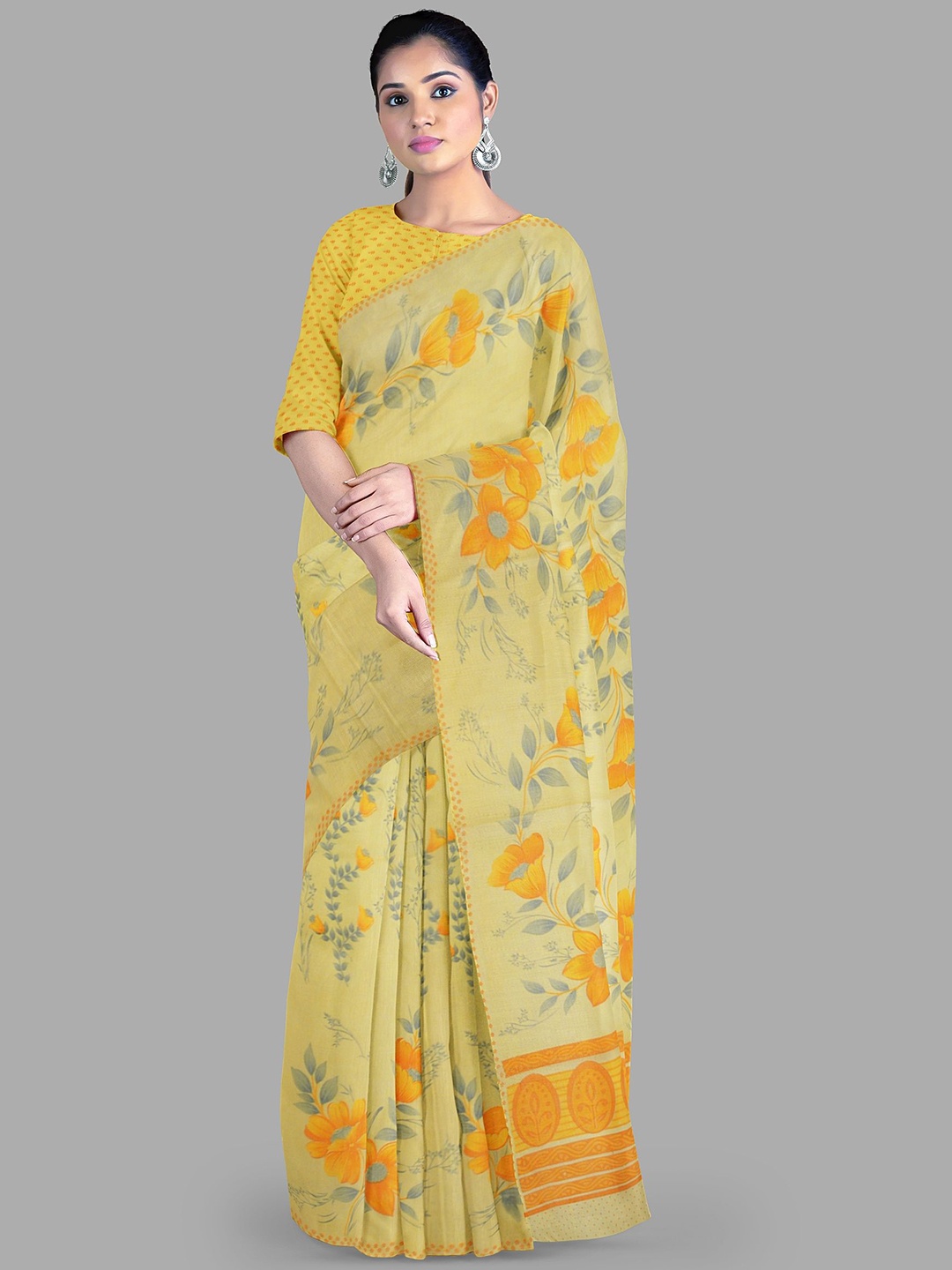 

The Chennai Silks Floral Pure Cotton Muga Saree, Yellow