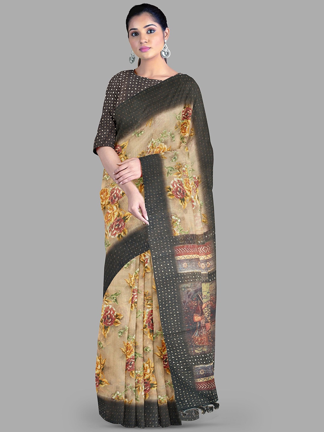 

The Chennai Silks Floral Bhagalpuri Saree With Blouse Piece, Beige