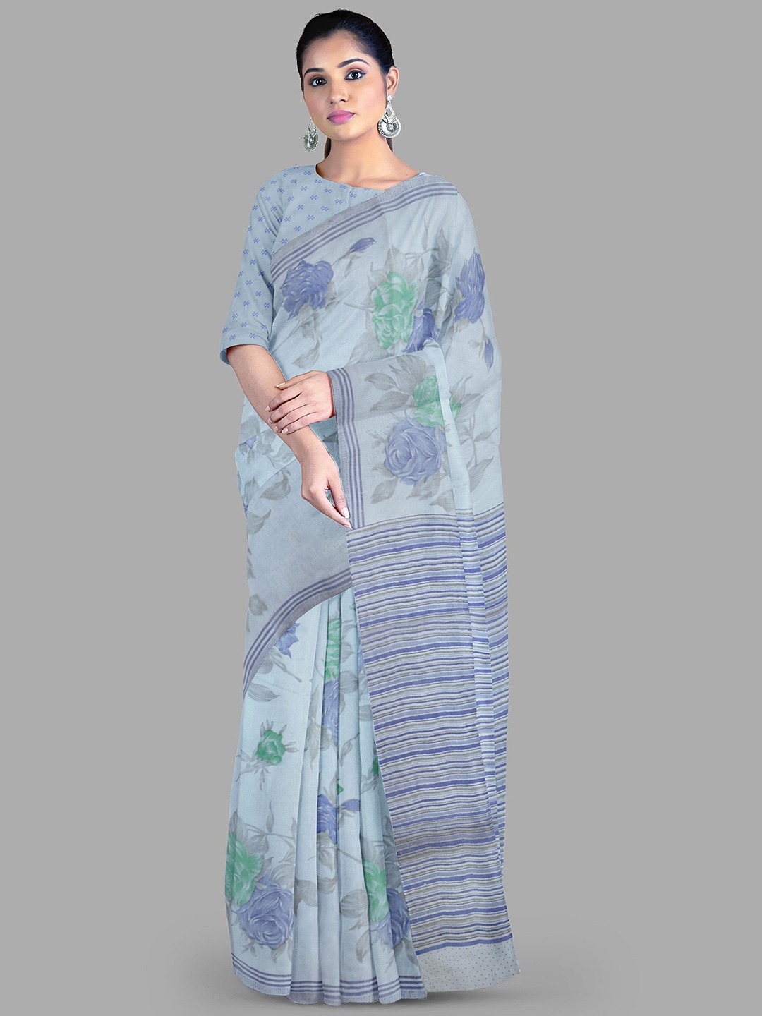

The Chennai Silks Floral Pure Cotton Muga Saree, Grey