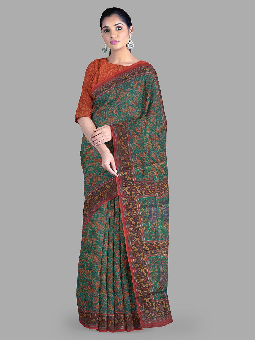 

The Chennai Silks Paisley Pure Cotton Muga Saree, Green