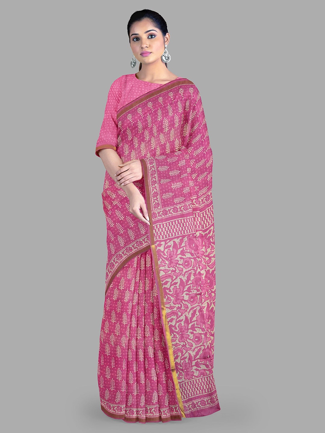 

The Chennai Silks Floral Zari Pure Cotton Muga Saree, Pink