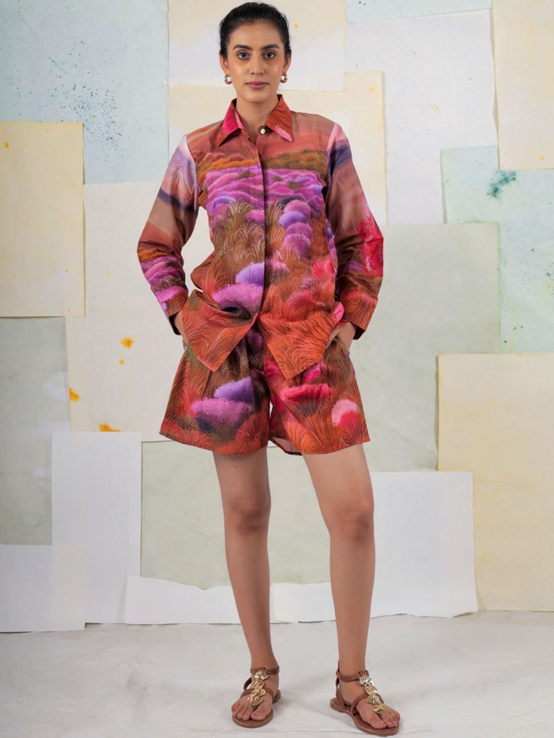 

BUTA BUTI Wild Wood Scape Floral Printed Spread Collar Pure Cotton Shirt With Shorts, Rust