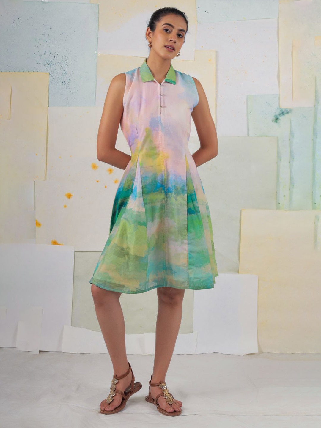 

BUTA BUTI Tie and Dye Cotton Dyed A-Line Dress, Green