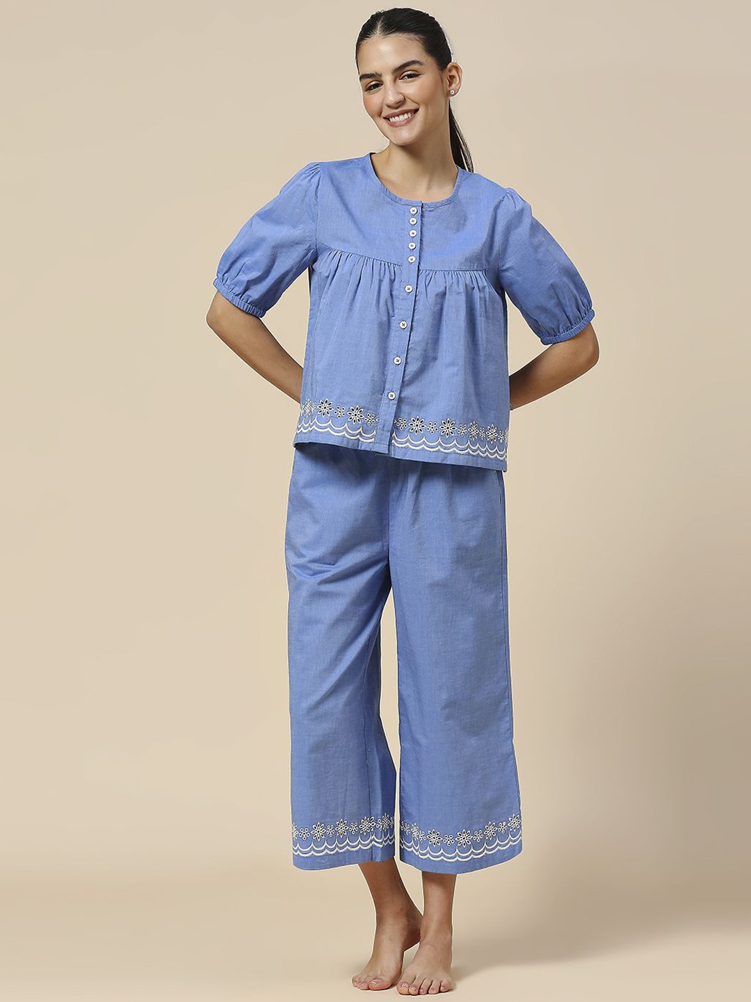 

Chemistry Round Neck Cotton Printed Night suit, Blue