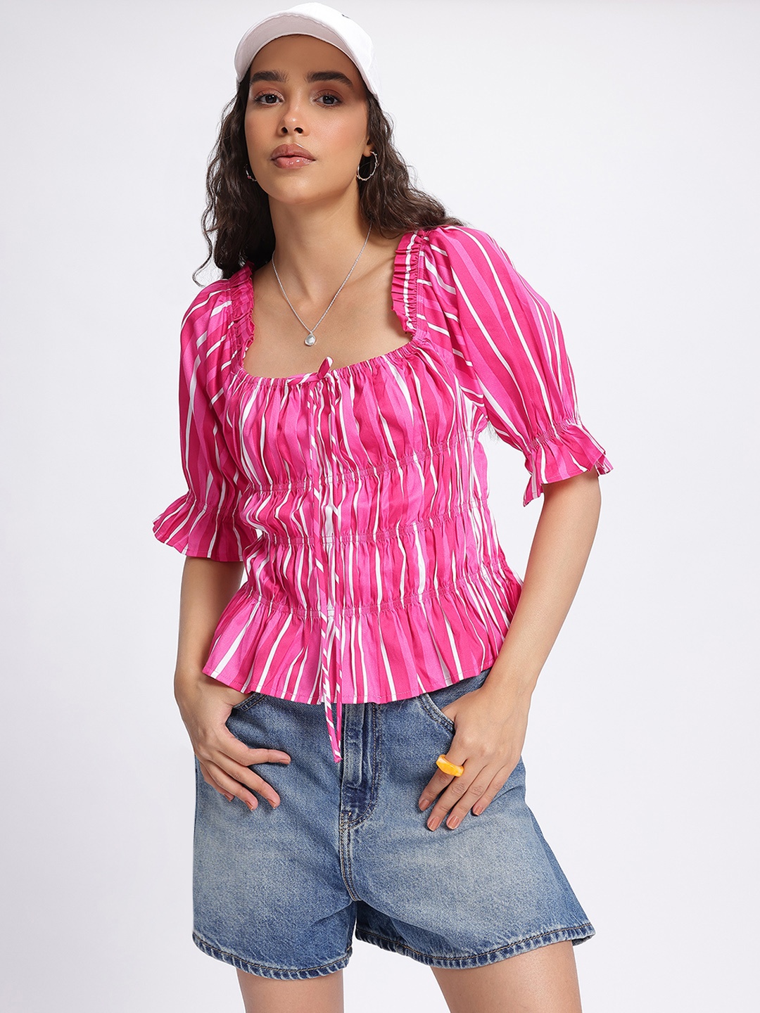 

DressBerry Candy Stripes Puff Sleeve Cotton Peplum Top, Pink