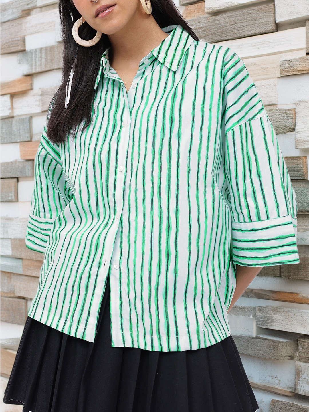 

DressBerry Sassy And Breezy Dyed Stripes Oversized Shirt, Green