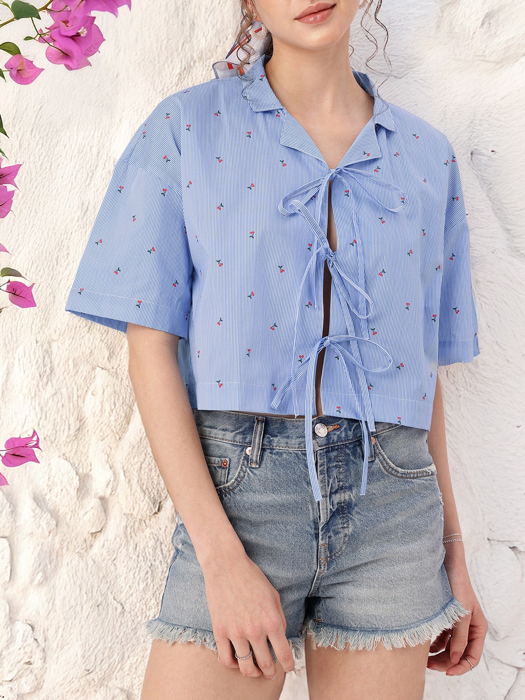 

DressBerry Holiday Fetish Charming Bow Printed Shirt Style Top, Blue