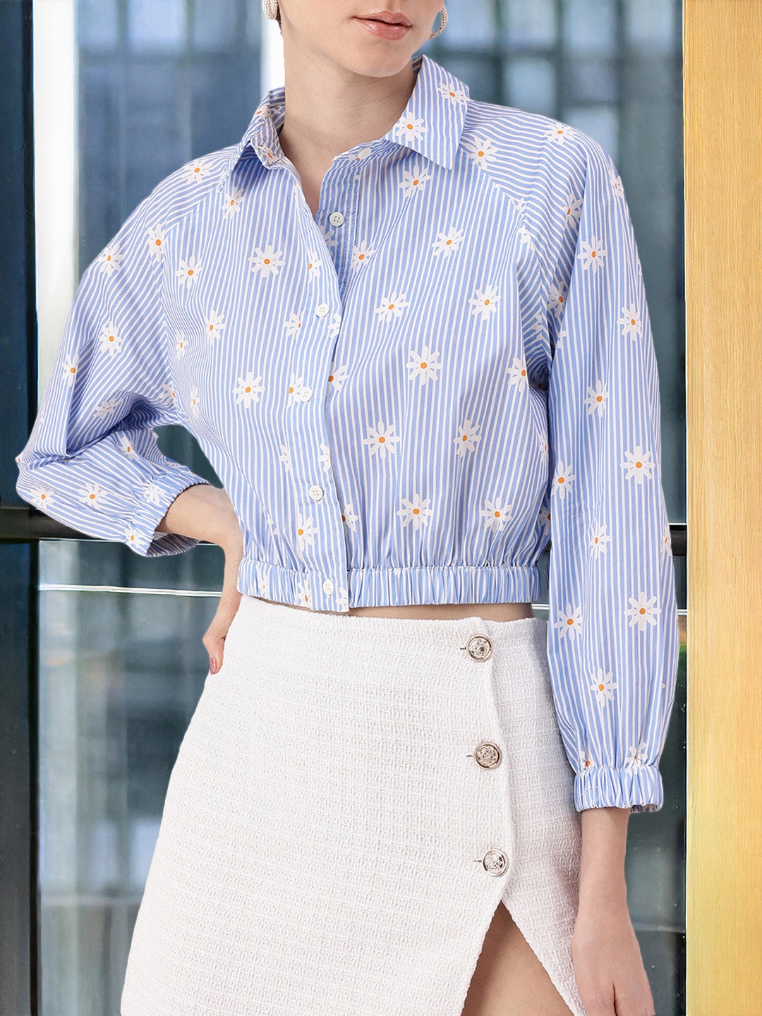 DressBerry Kawaii Core Striped Flora Shirt Style Crop Top, Blue