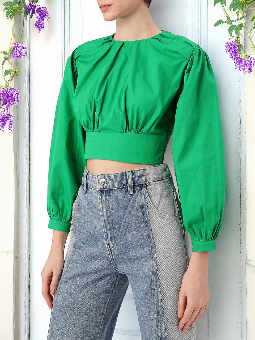 

DressBerry Fanciful Puff Sleeves Gathered Crop Blouson Top, Green