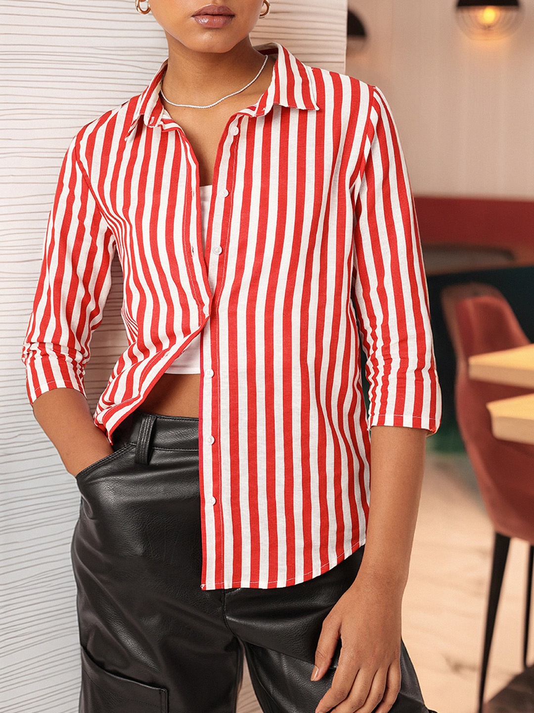 

DressBerry Korean Street Candy Stripes Gathered Shirt, Red