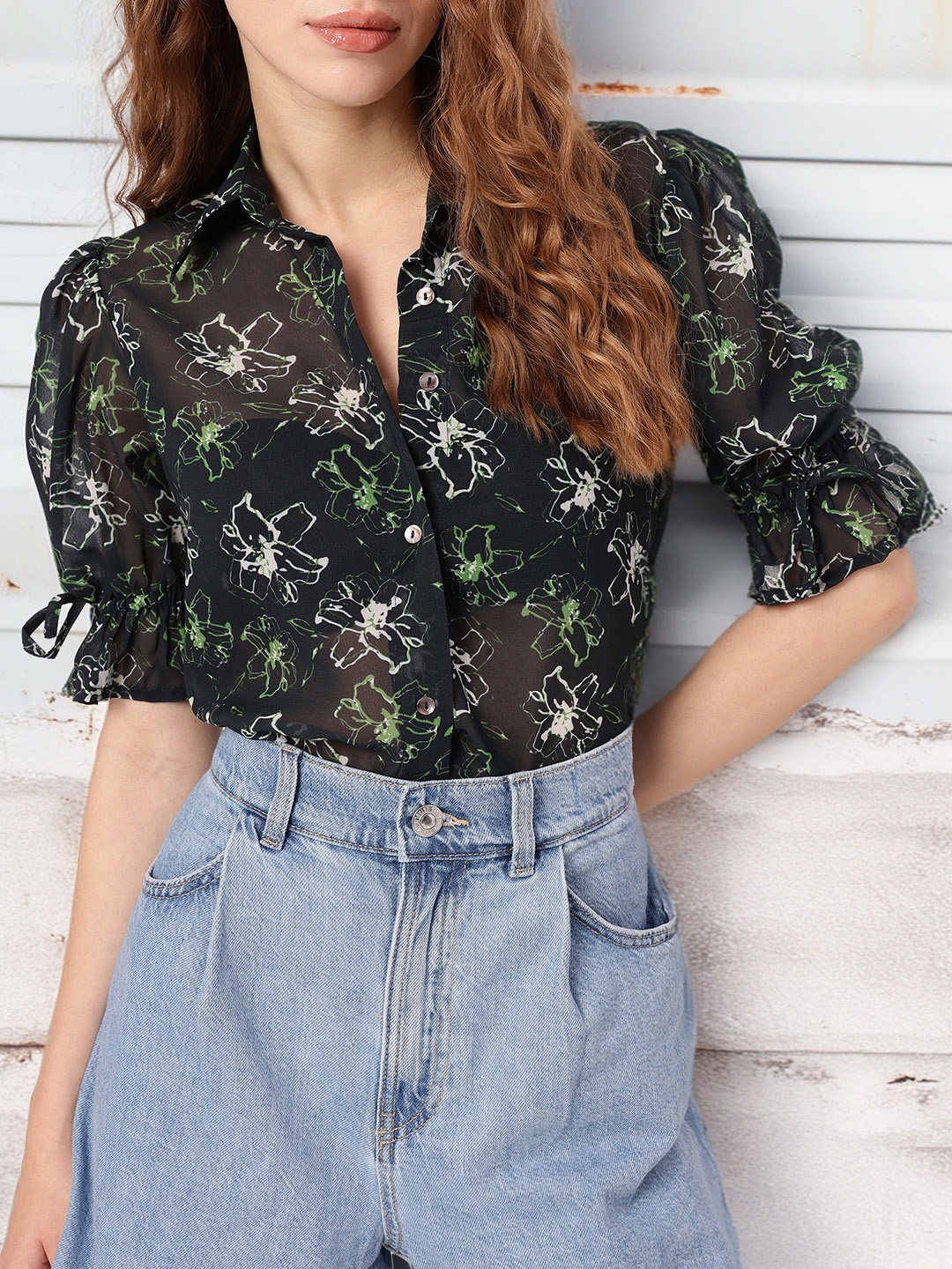 

Raw Allure of Grunge Floral Puff Sleeves Shirts, Black