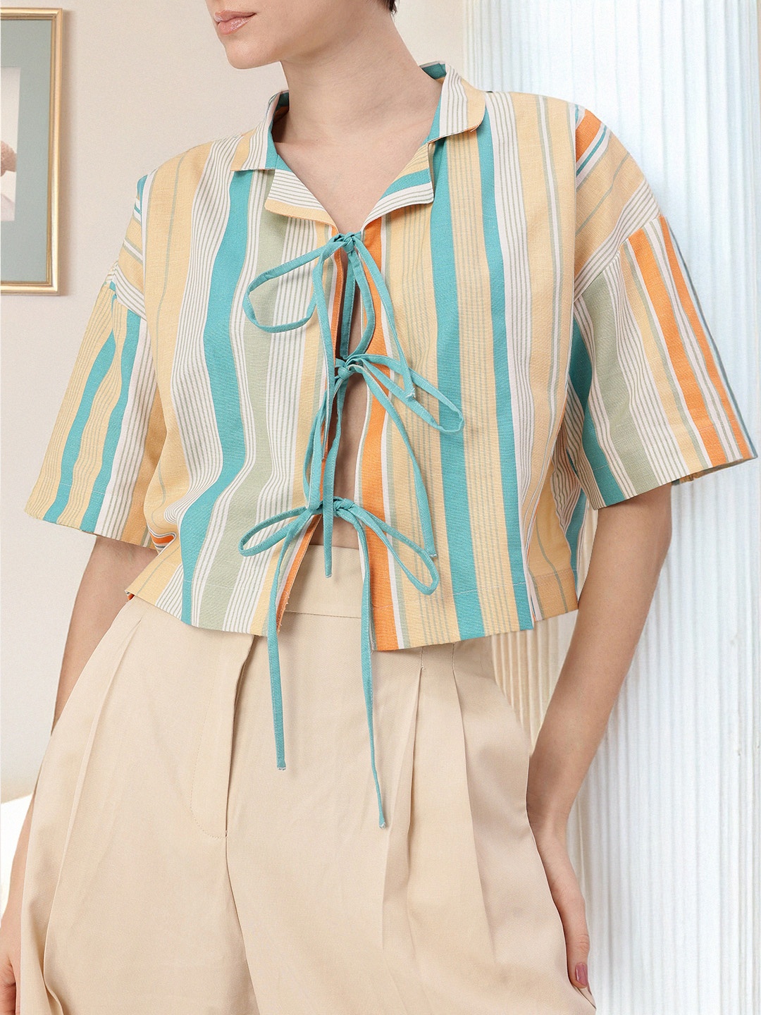 

DressBerry Kawaii Core Bow Detailed Striped Boxy Shirt Style Top, Multi