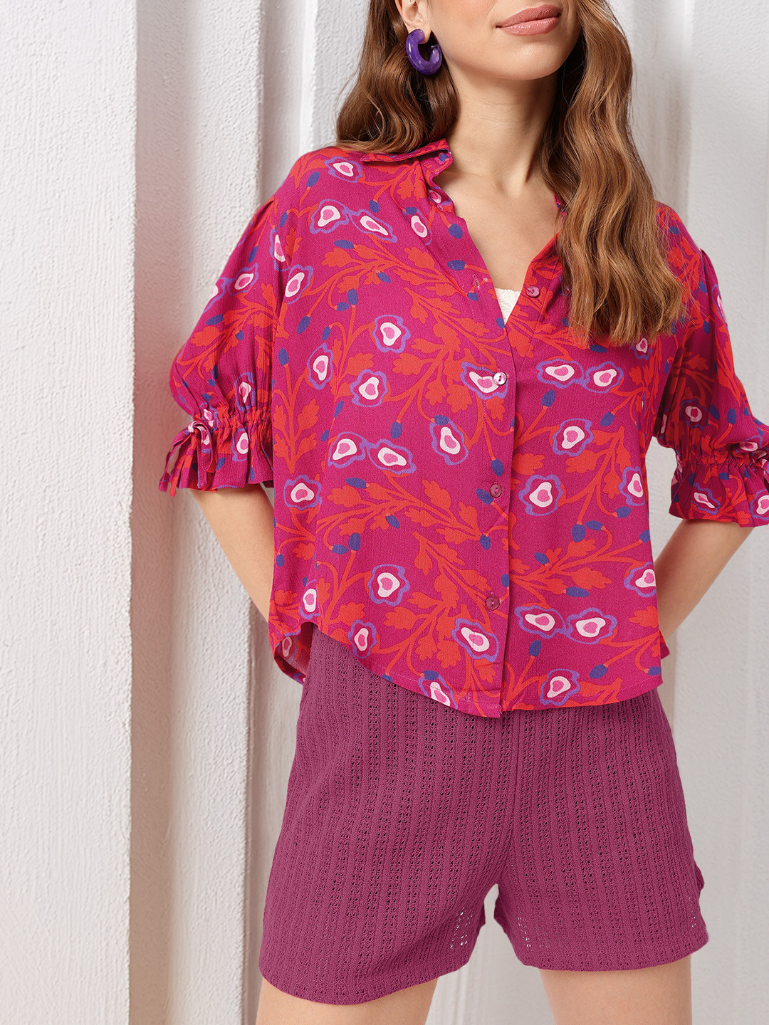 

DressBerry Holiday Glam in Pink Printed Shirt Style Top, Magenta