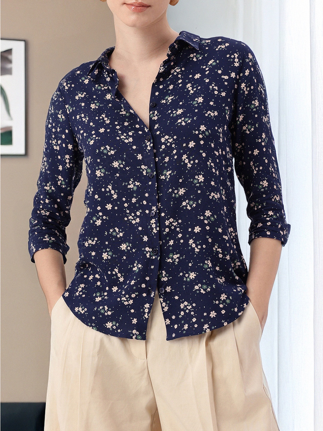 DressBerry Korean Classic Fresh Floral Printed Shirt, Navy blue