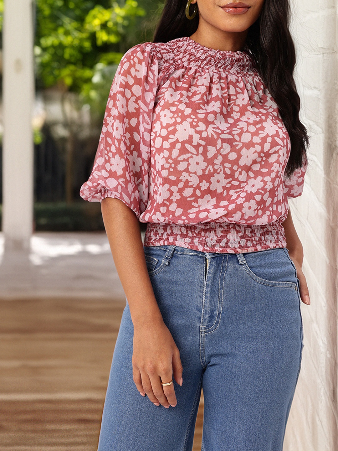 

DressBerry Floral Fantasy, Holiday Bliss Smocked Blouson Top, Mauve