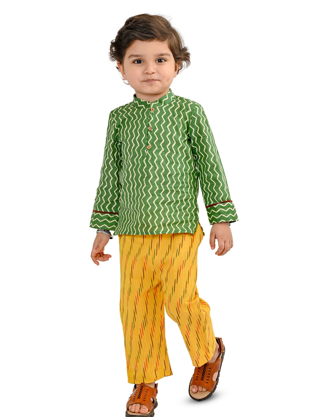 

Tiny Bunnies Boys Printed Mandarin Collar Pure Cotton Shirt with Trousers, Green