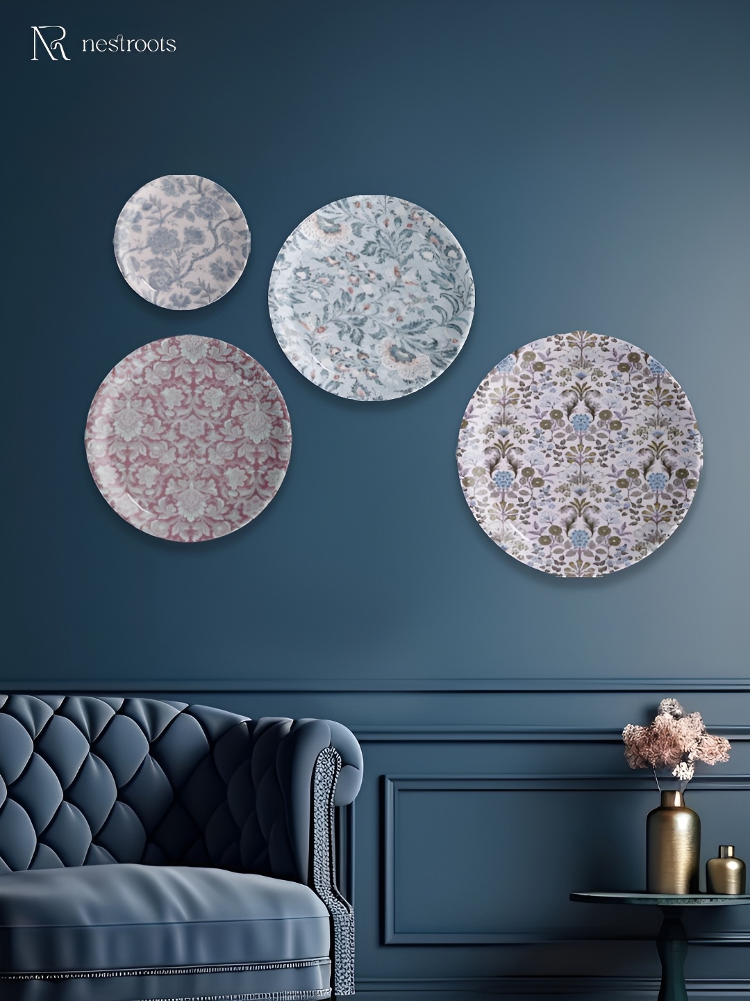 nestroots White & Pink 4 Pieces Printed Ceramic Mandala Wall Decor