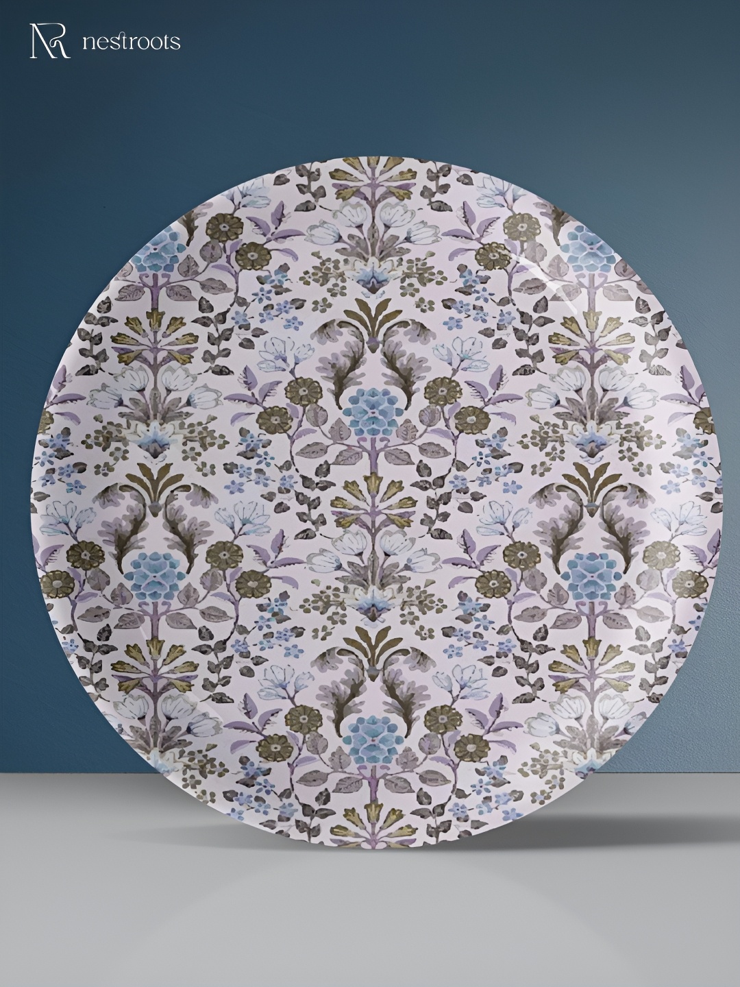 nestroots White & Blue Floral Printed Ceramic Wall Plate, Off white