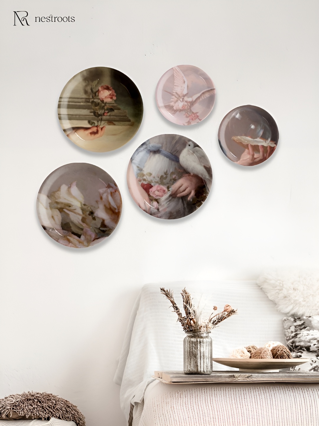 

nestroots Cream & Brown 5 Pieces Printed Ceramic Wall Decor