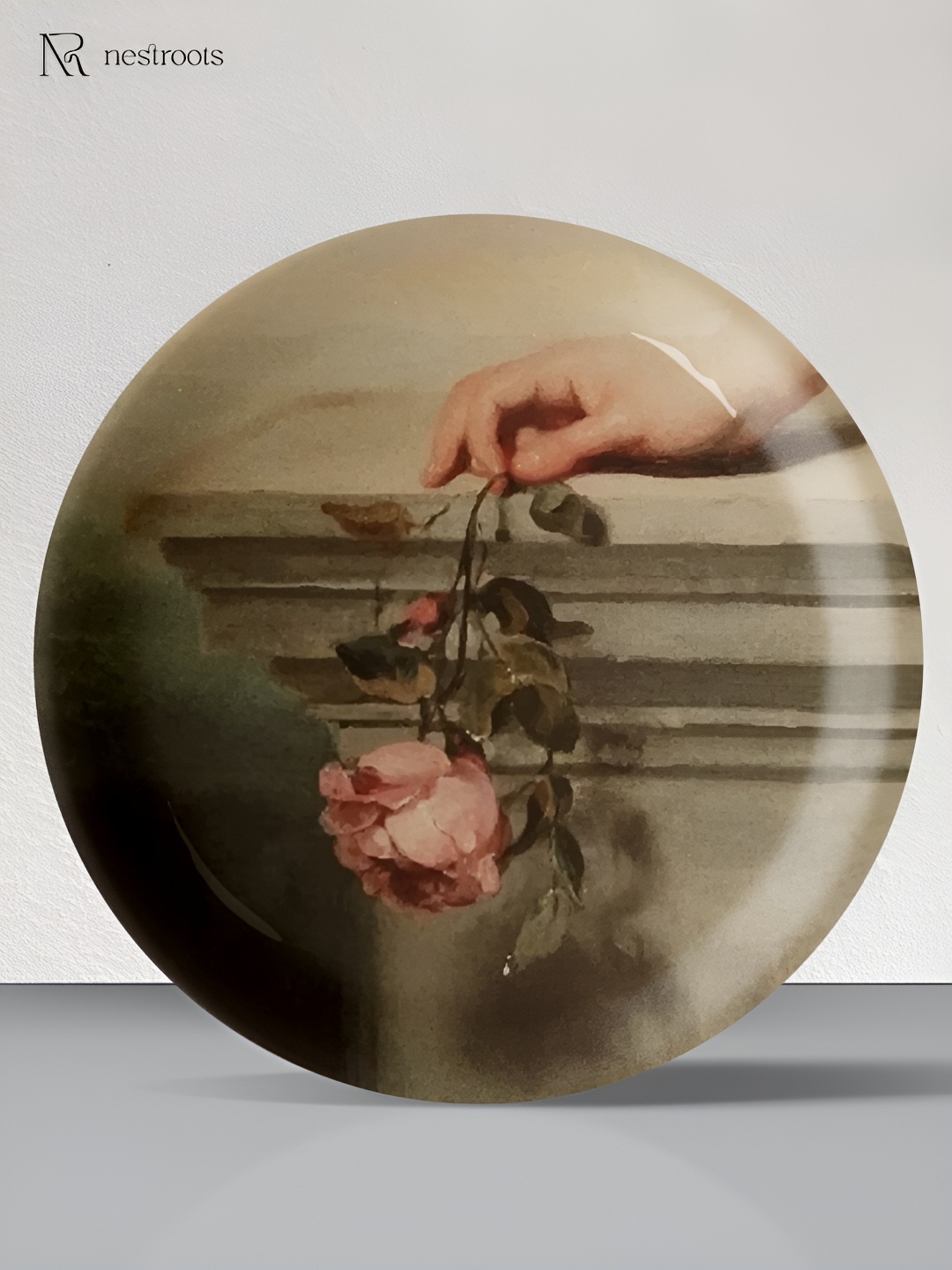 

nestroots Cream & Green Floral Printed Ceramic Round Wall Plate