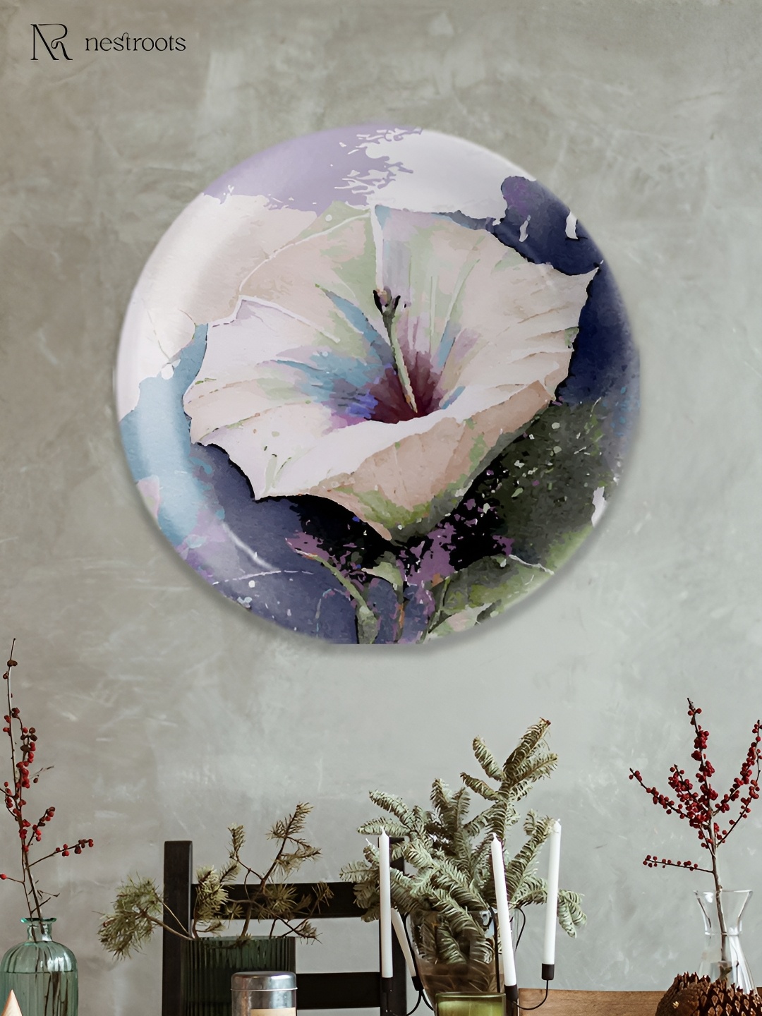 nestroots Off White & Purple Lily Floral Printed Ceramic Wall Plate