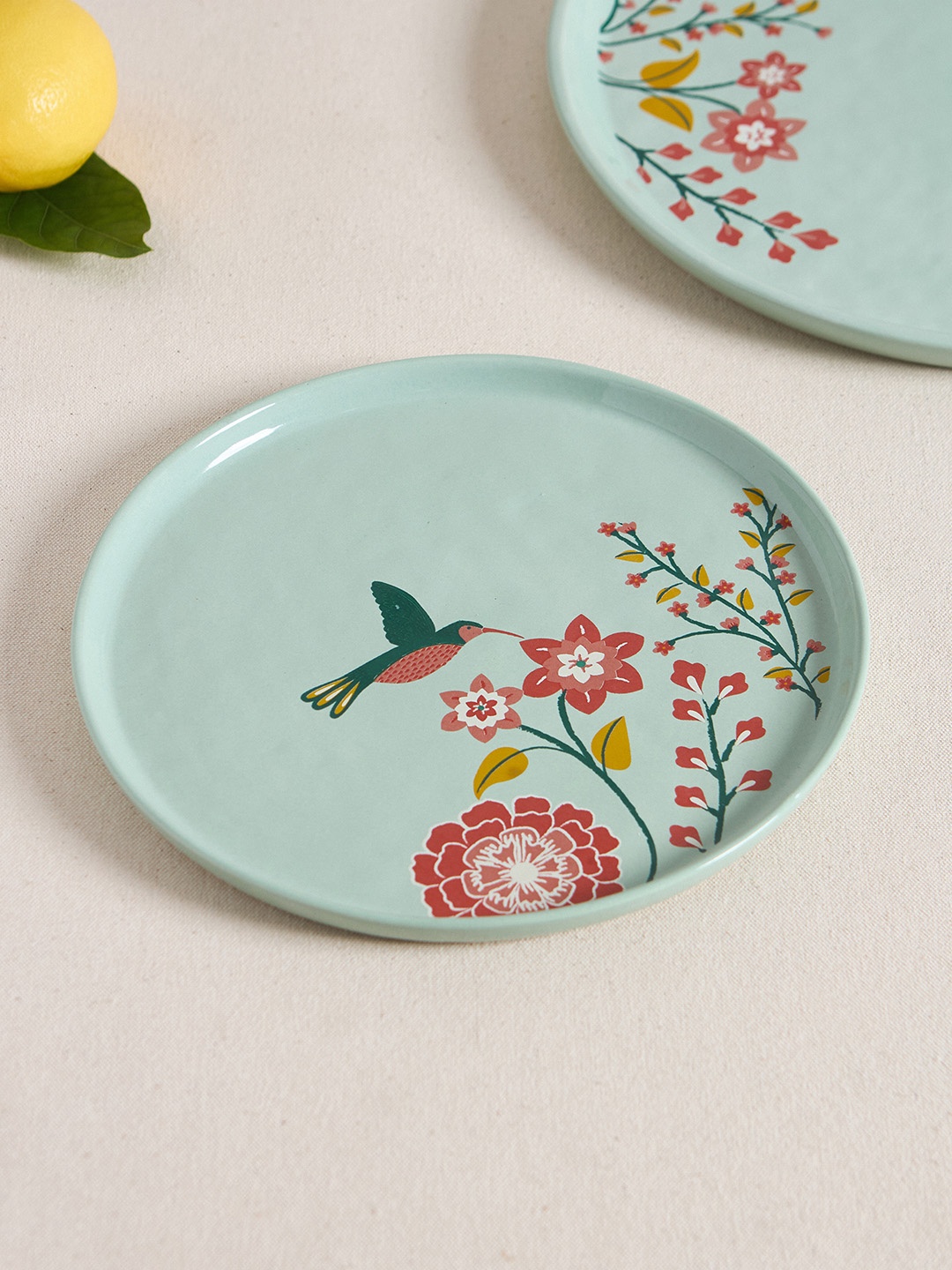 

Chumbak Sea Green & Red Floral Printed Ceramic Round Plate