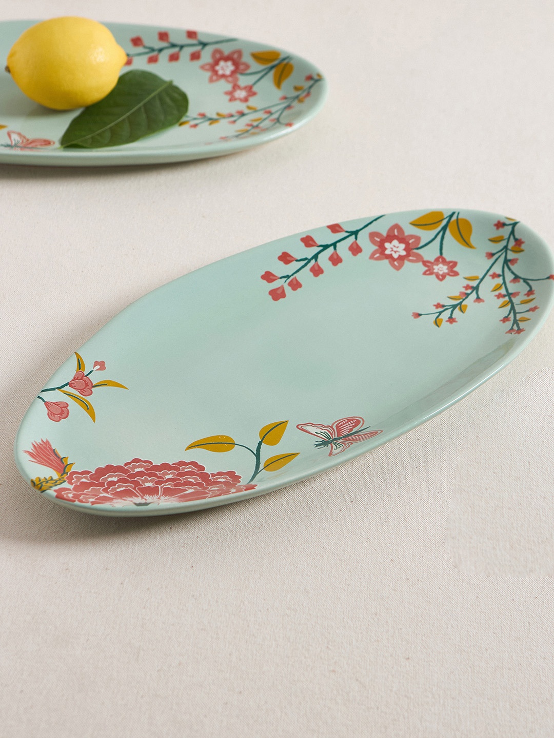 

Chumbak Sea Green & Pink Floral Printed Ceramic Oval Platter