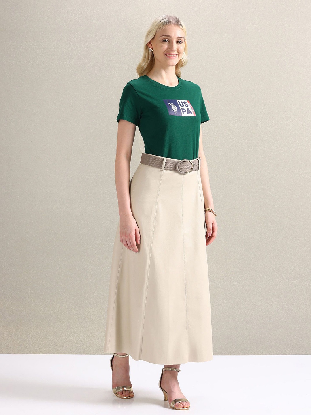U.S. Polo Assn. Women Women Typography Printed Pure Cotton T-shirt, Green