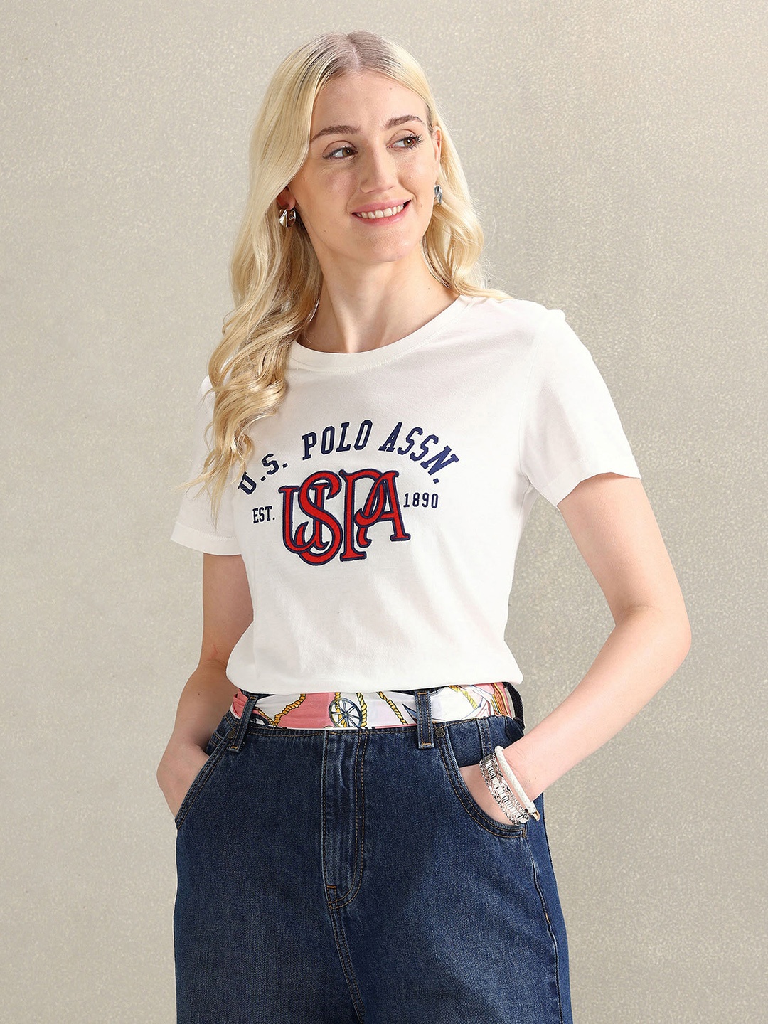U.S. Polo Assn. Women Typography Printed Pure Cotton T-shirt, White
