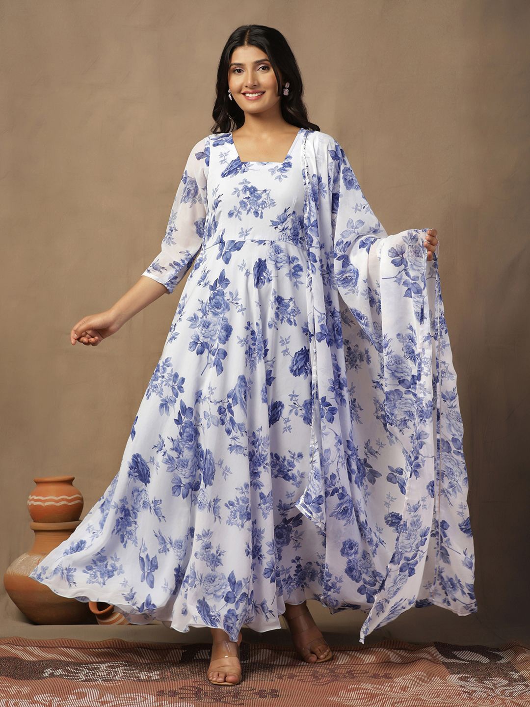 

FASHION DREAM Floral Print Georgette Maxi Ethnic Dress, White