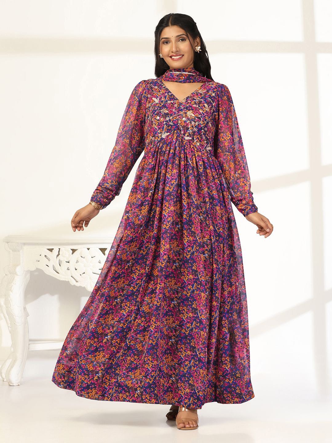 

FASHION DREAM Floral Printed Georgette Maxi Ethnic Dress With Dupatta, Pink