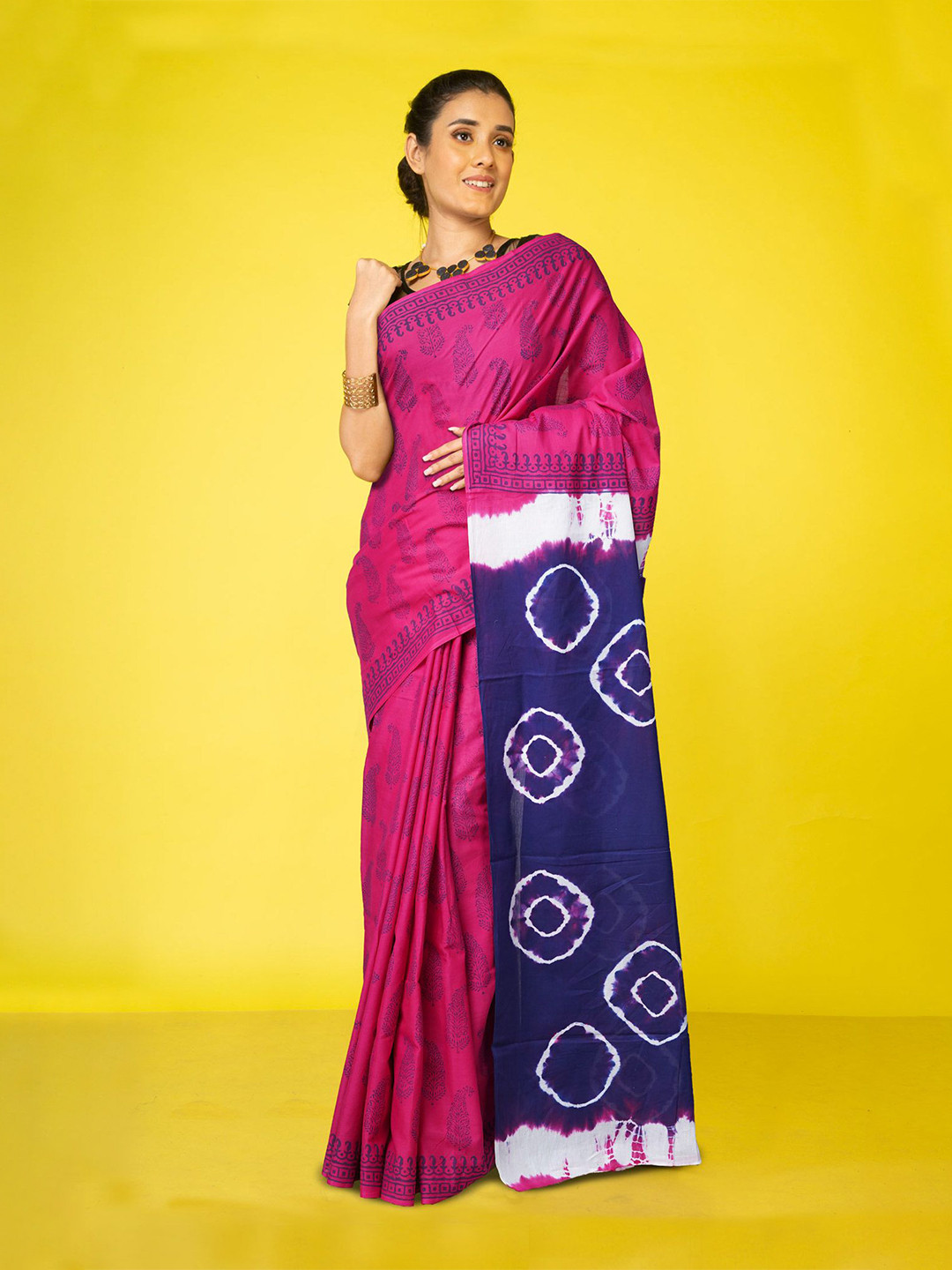 

Unnati Silks Tie And Dye Shibori Block Printed Pure Cotton Handloom Saree, Pink