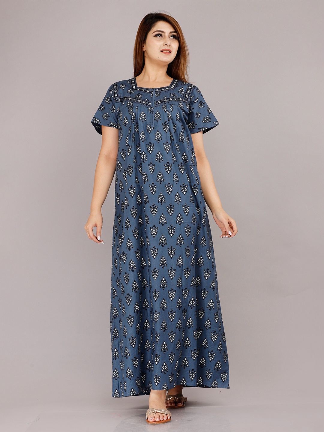 

MAYA PRINT Round Neck Short Sleeves Printed Maxi Nightdress, Blue