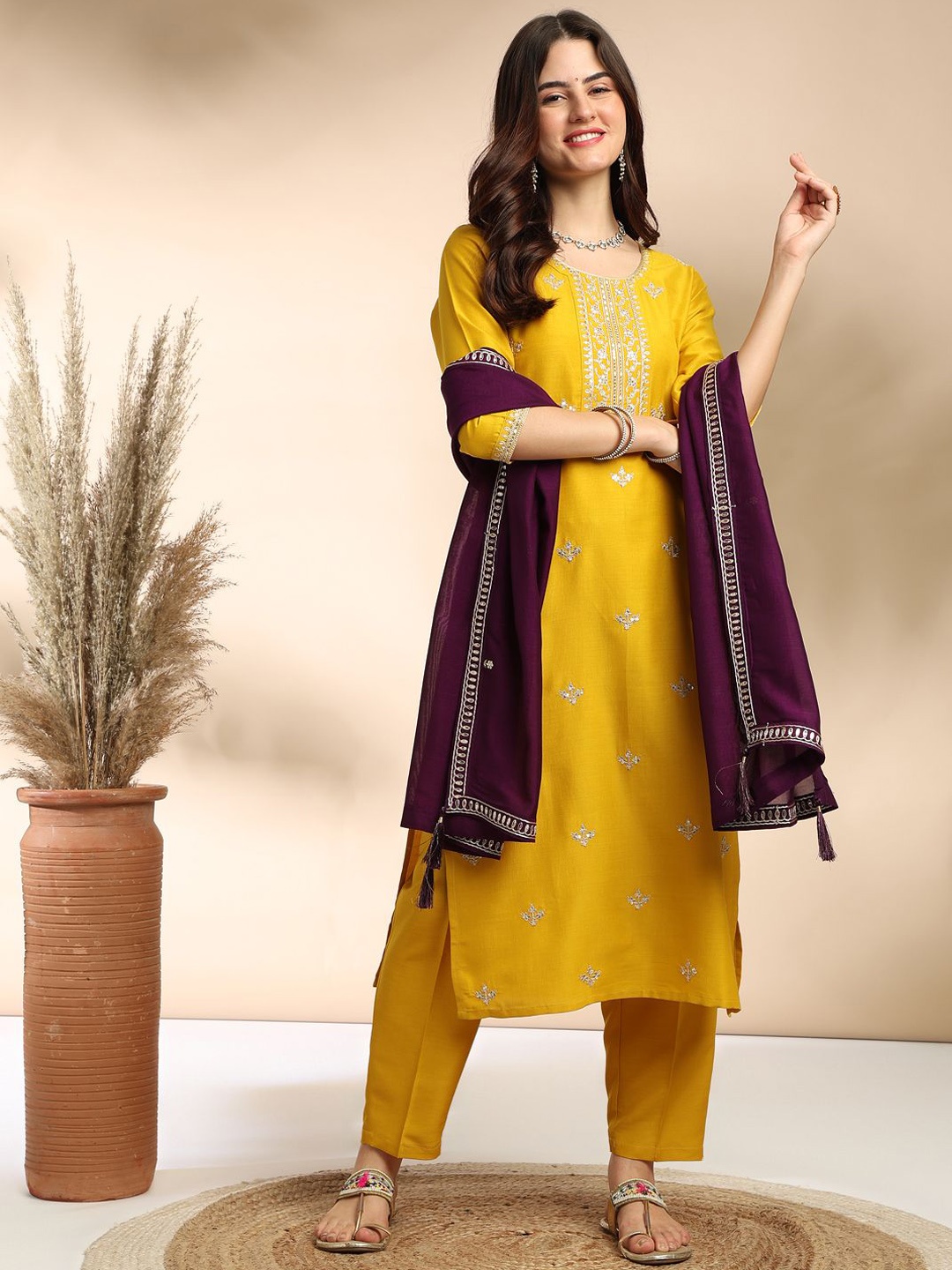 

BAESD Ethnic Motifs Embroidered Thread Work Straight Kurta with Trousers & With Dupatta, Yellow