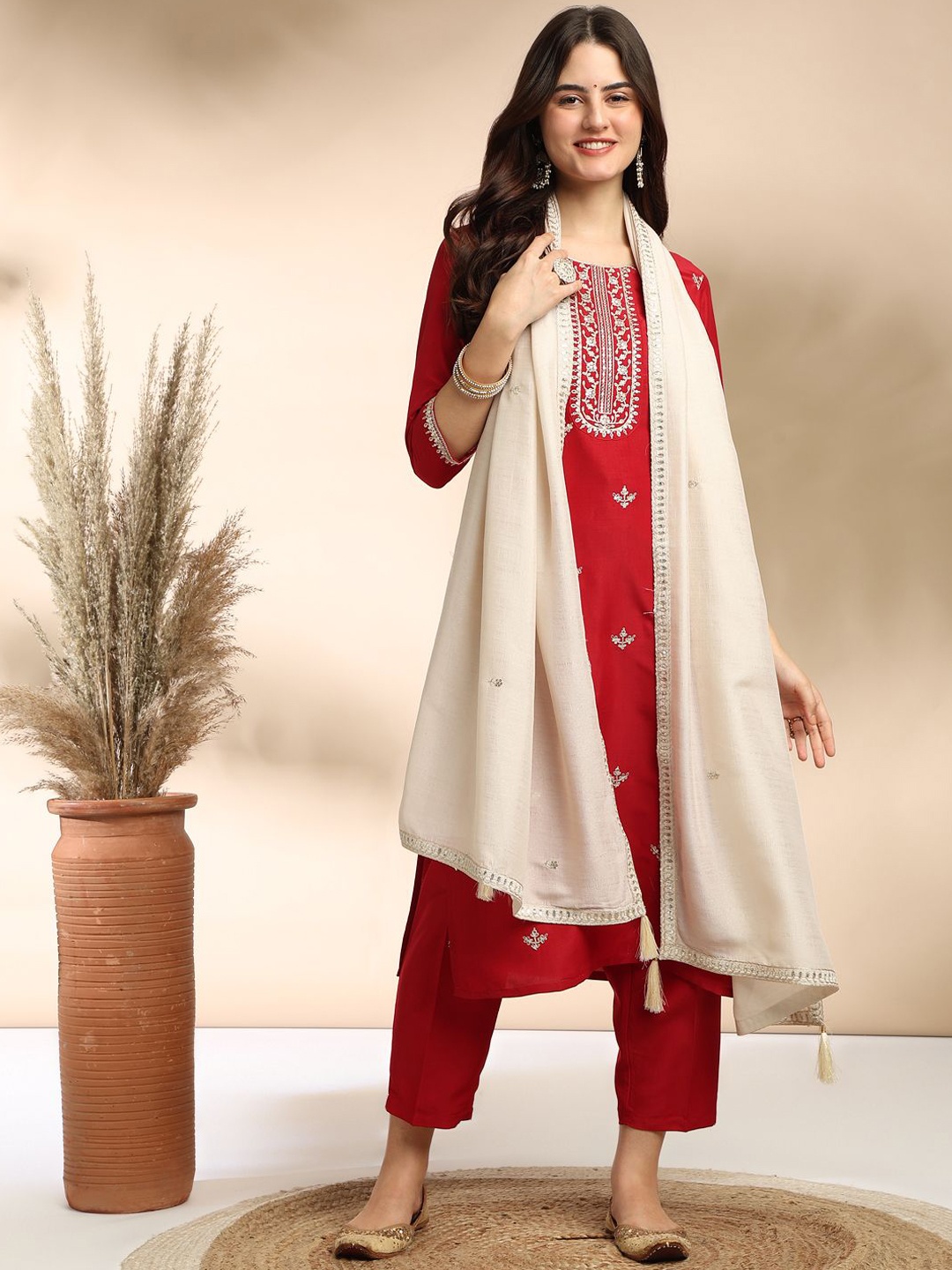

BAESD Ethnic Motifs Embroidered Kurta Straight with Trouseres & Dupatta, Red
