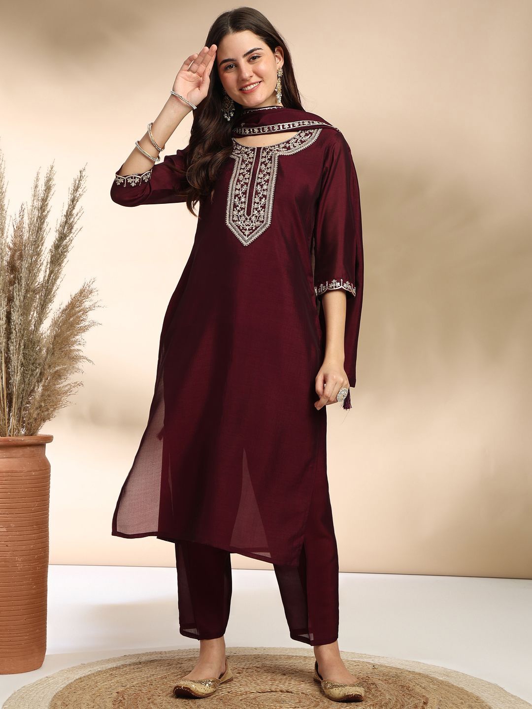 

BAESD Ethnic Motifs Yoke Design Thread Work Straight Kurta with Trousers & Dupatta, Coffee brown
