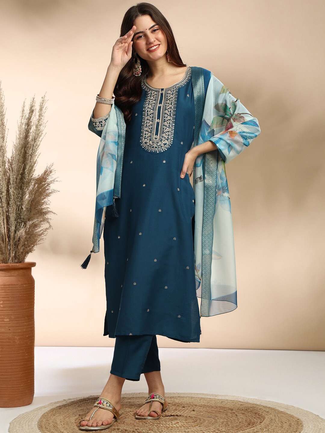 

BAESD Ethnic Motifs Embroidered Thread Work Straight Kurta with Trousers & Dupatta, Blue