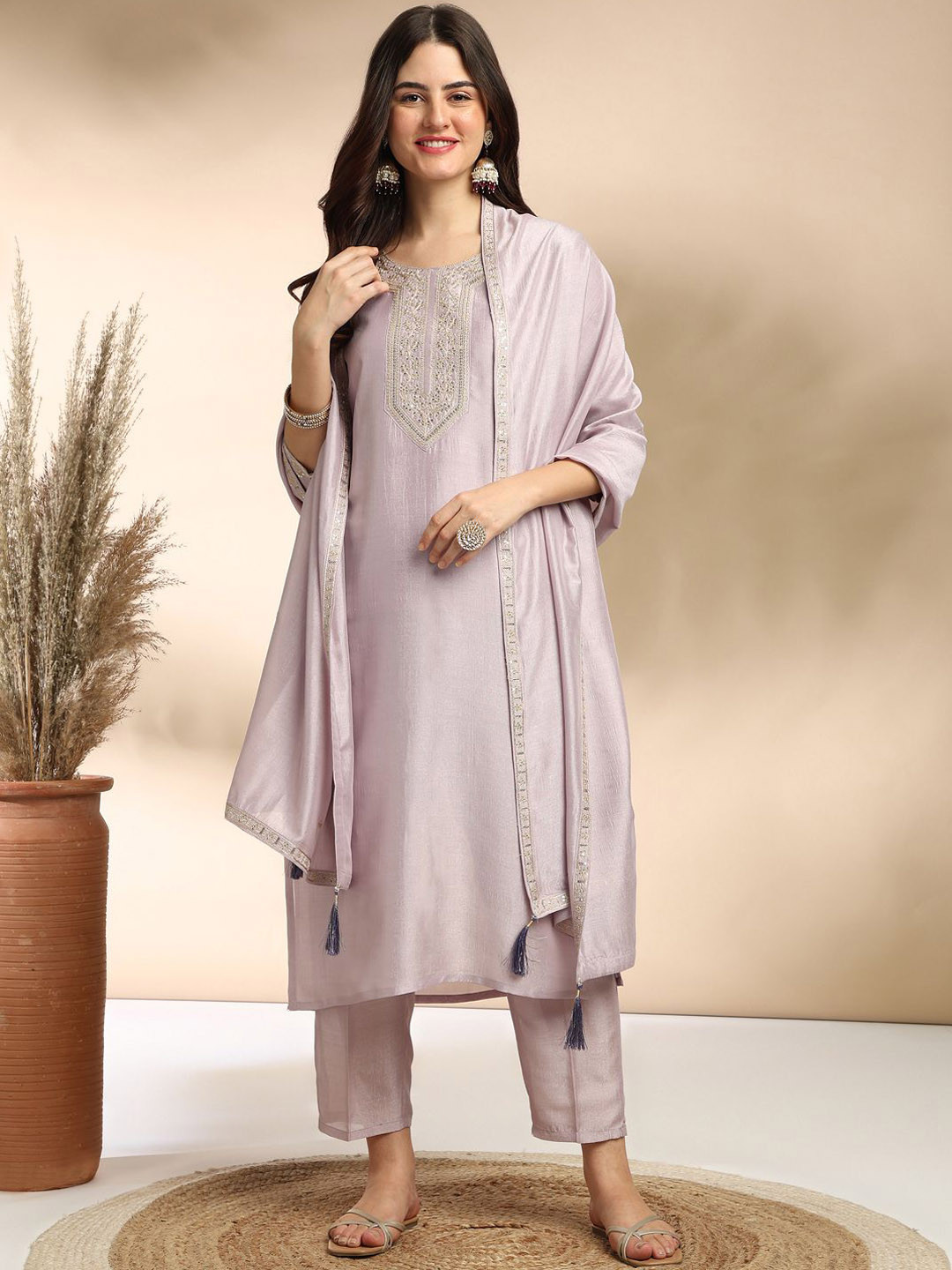 

BAESD Floral Embroidered Regular Sequinned Straight Kurta with Pyjamas & Dupatta, Purple