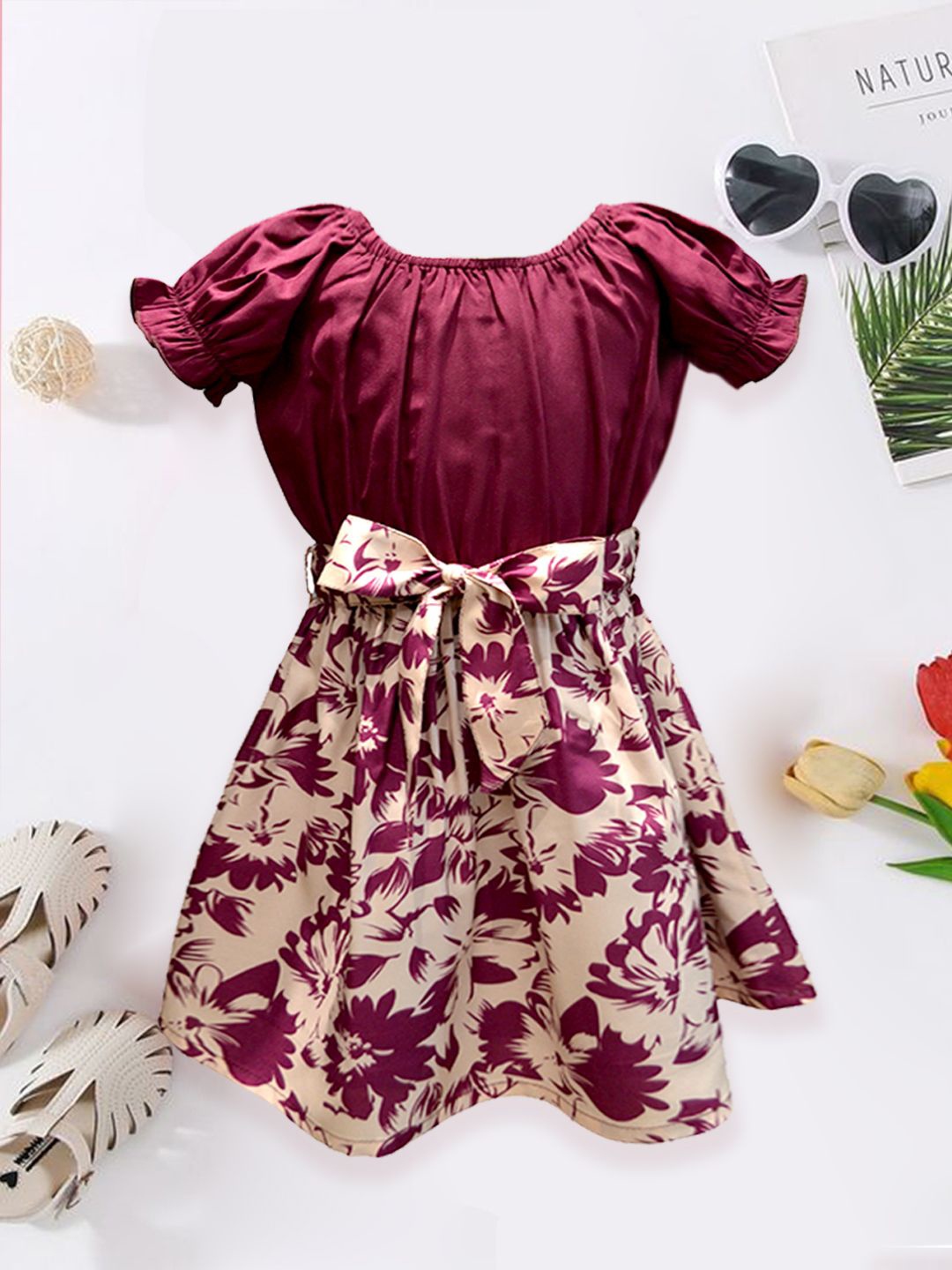 

A.T.U.N. Floral Print Crepe Fit & Flare Dress, Red