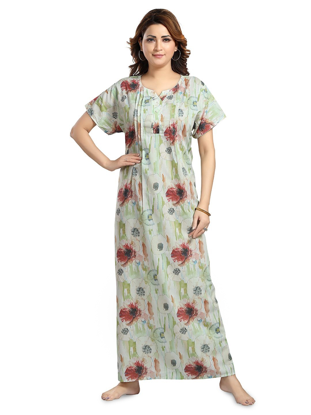 

NIGHT QUEEN Round Neck Short Sleeves Printed Maxi Nightdress, Green