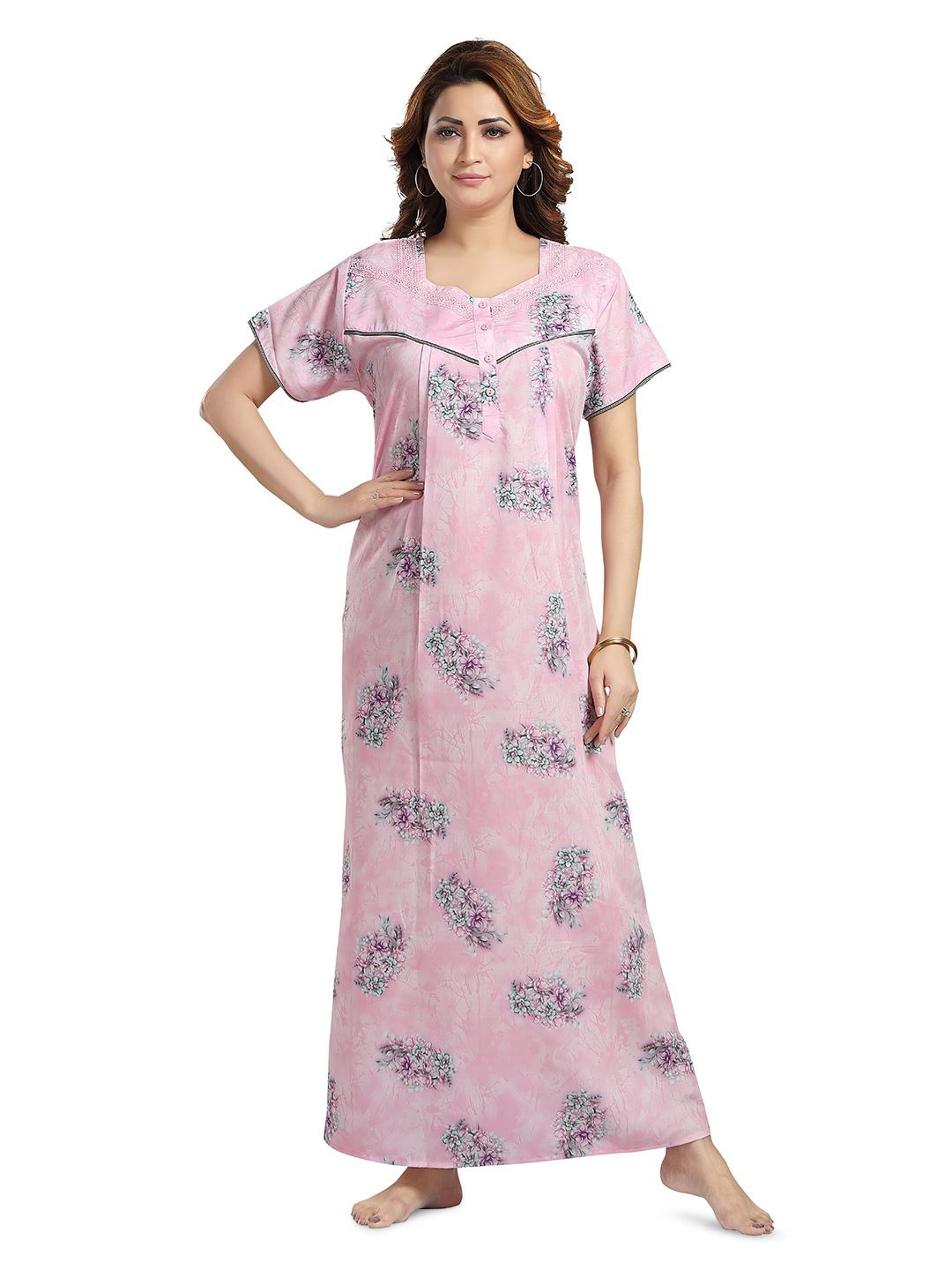 

NIGHT QUEEN Square Neck Short Sleeves Printed Maxi Nightdress, Pink