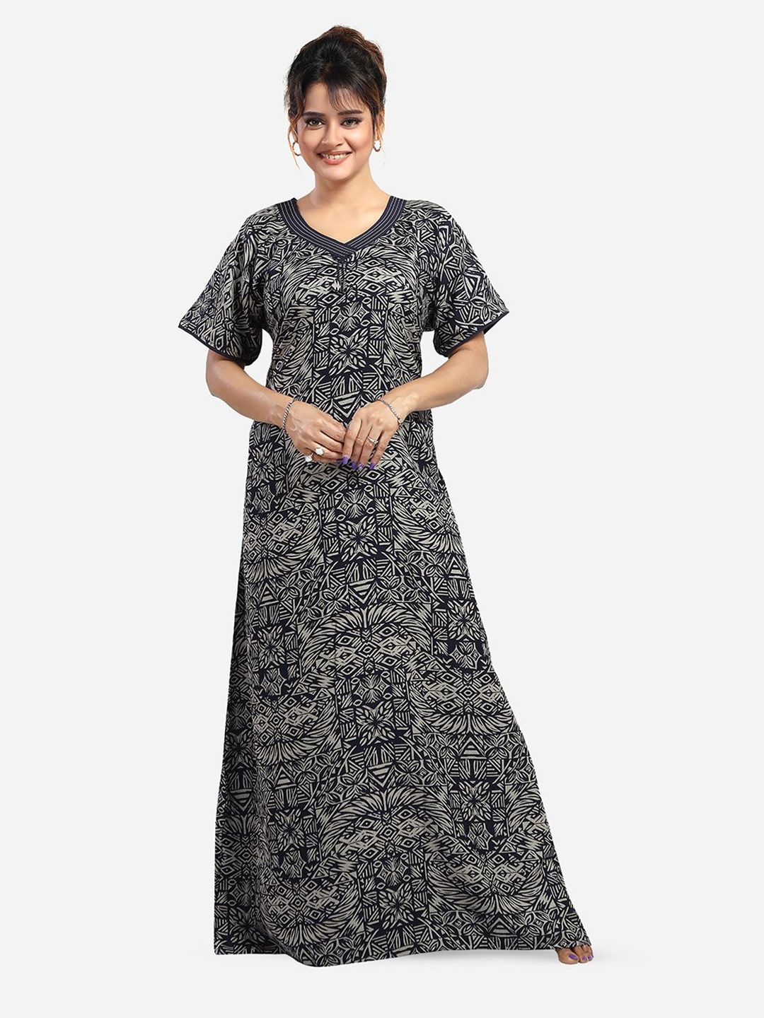 

NIGHT QUEEN V Neck Short Sleeves Printed Maxi Nightdress, Navy blue