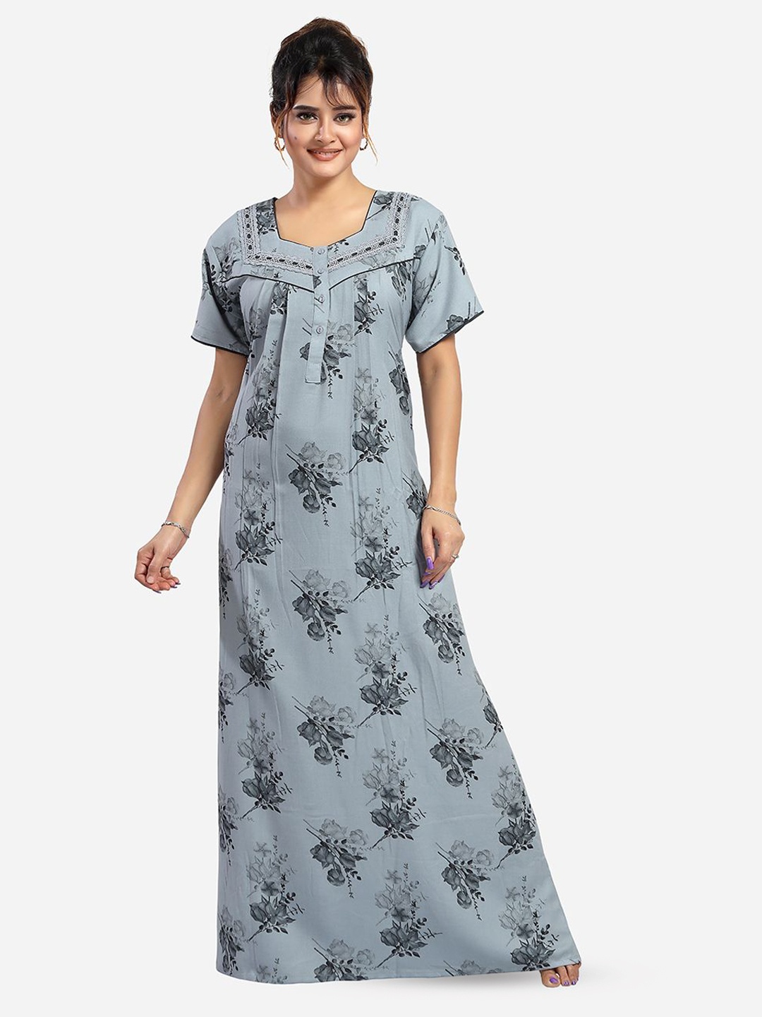 

NIGHT QUEEN Round Neck Short Sleeves Printed Maxi Nightdress, Grey