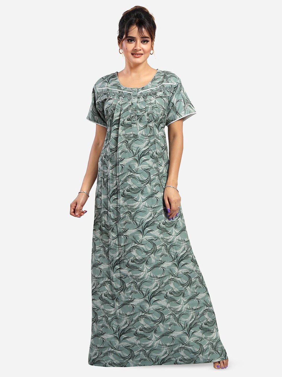 

NIGHT QUEEN Round Neck Short Sleeves Printed Maxi Nightdress, Green