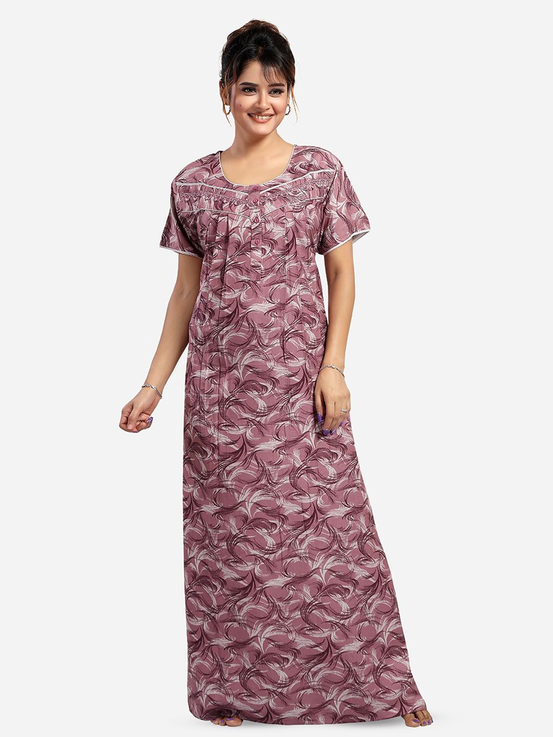 

NIGHT QUEEN Round Neck Short Sleeves Printed Maxi Nightdress, Purple