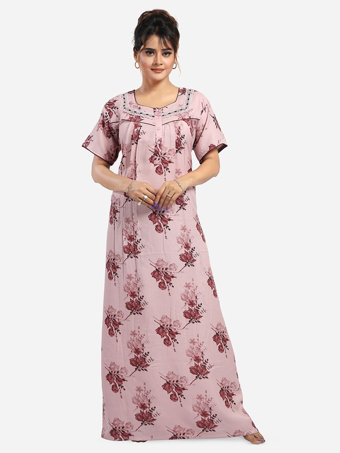 

NIGHT QUEEN Square Neck Short Sleeves Printed Maxi Nightdress, Pink
