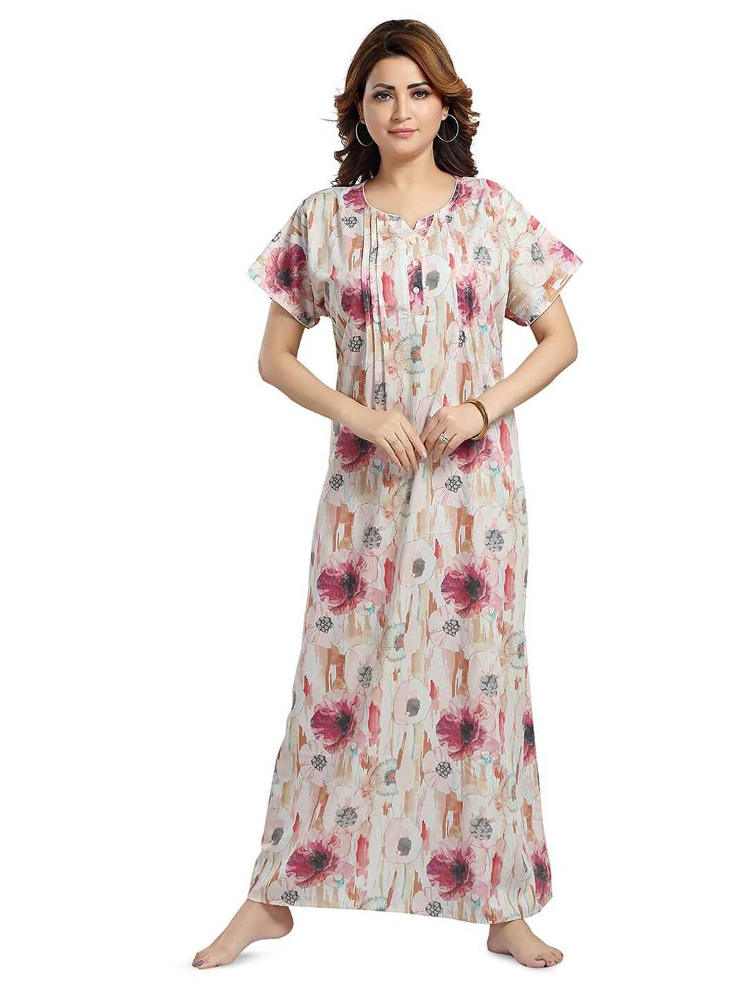 

NIGHT QUEEN Round Neck Short Sleeves Printed Maxi Nightdress, Pink